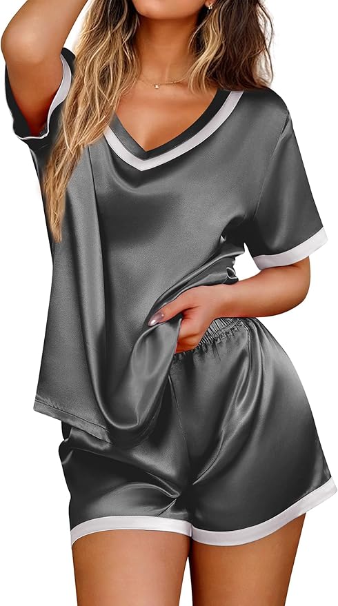 Ekouaer Silk Pajamas for Women Short Sleeve Satin Sleepwear Soft 2 Piece Pjs Shorts Set Loungewear,S-XX