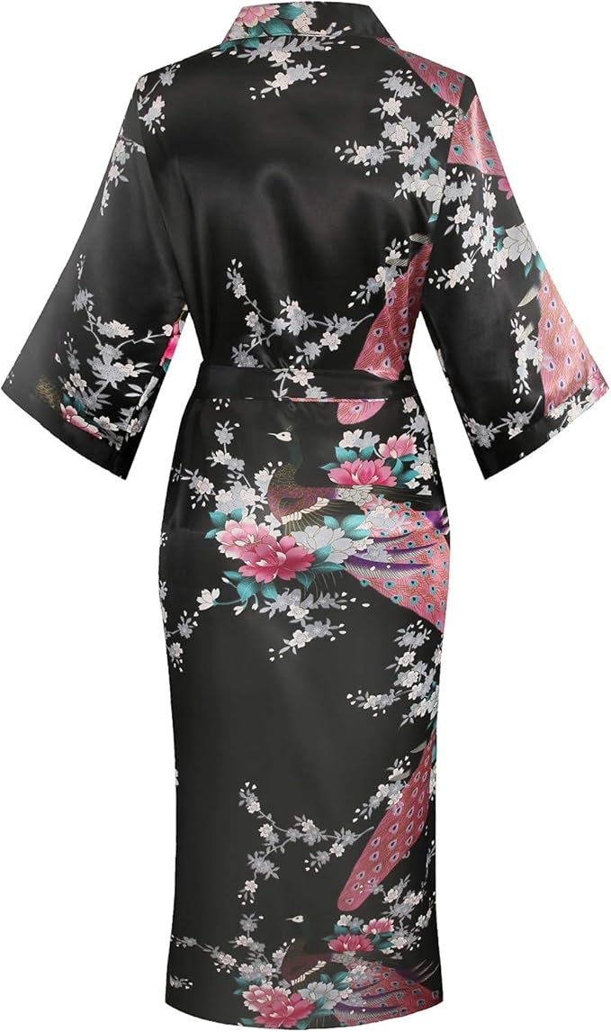 Valennia Women Long Silky Bathrobe Satin Kimono Robe Floral Printed Dressing Gown Sleepwear
