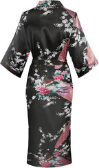 Valennia Women Long Silky Bathrobe Satin Kimono Robe Floral Printed Dressing Gown Sleepwear