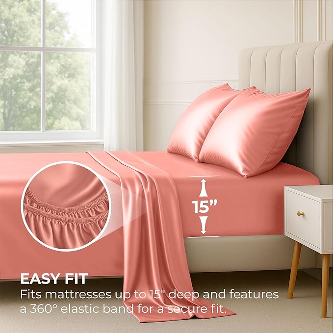 Pure Bedding Satin Sheets Queen [4-Piece, Blush Pink] Hotel Luxury Silky Bed Sheets - Extra Soft 1800 Microfiber Sheet Set, Wrinkle, Fade, Deep Pocket Fitted Sheet, Flat Sheet, Pillow Cases