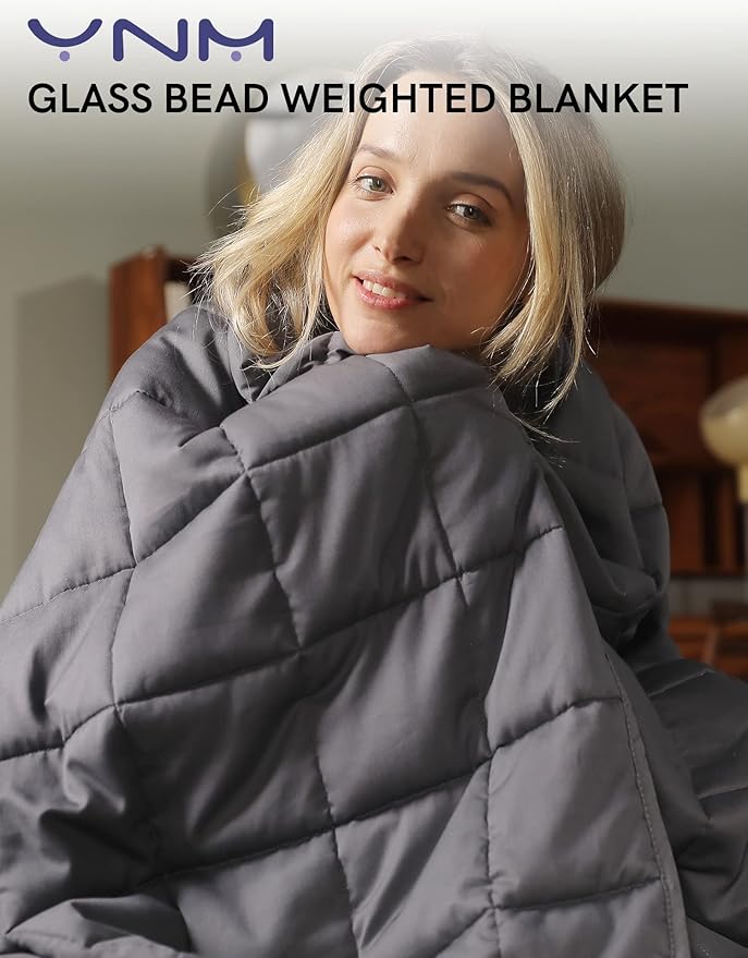 YnM Weighted Blanket — Heavy 100 Percent Oeko-Tex Certified Cotton Material with Premium Glass Beads (Dark Grey, 60''x80'' 15lbs), Suit for One Person(~140lb) Use on Queen/King Bed