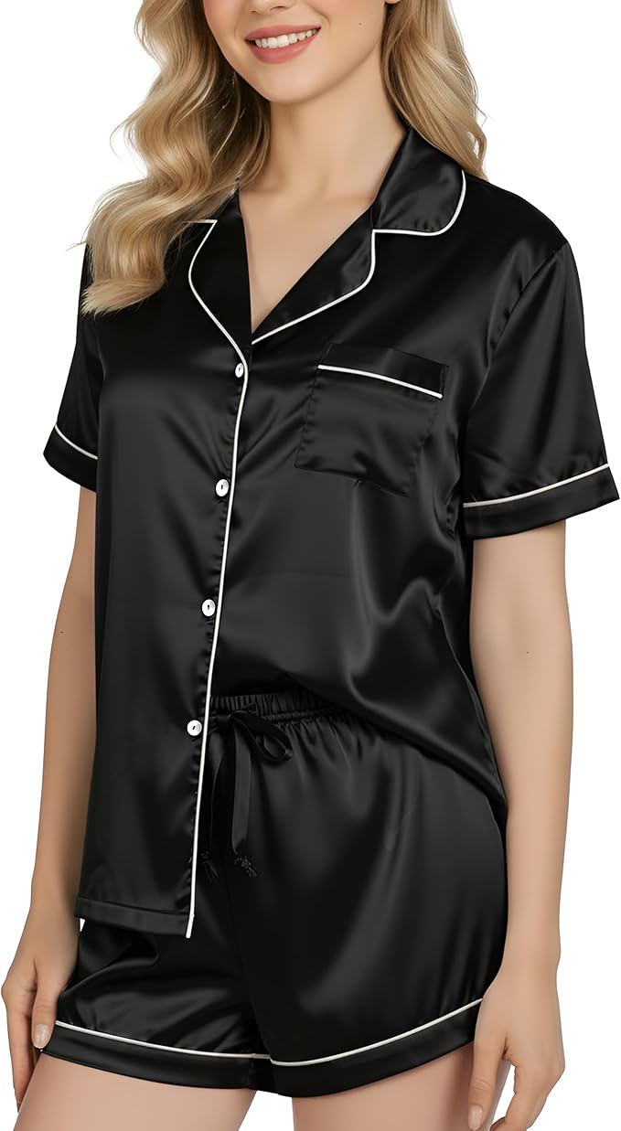 NY Threads Women's Silk Satin Pajamas Set Button Down Top and Shorts 2 Piece Sleepwear Loungewear Pjs Set