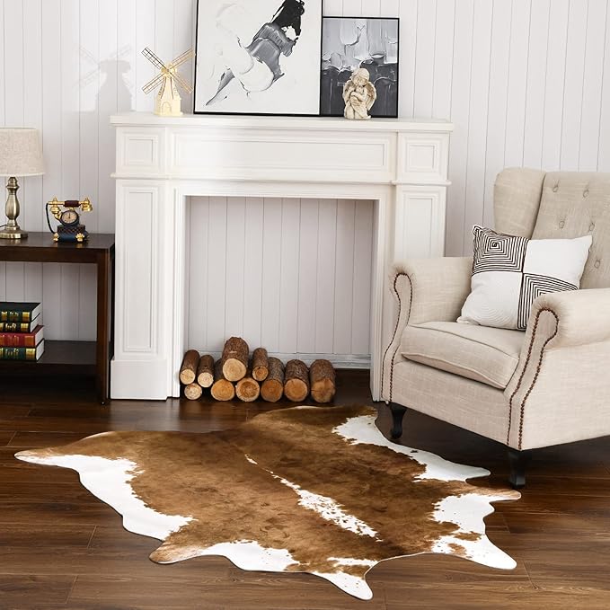 HOMORE Cowhide Rug, 3x4 Rug Small Cow Print Rug for Bedroom Faux Cow Hide Animal Print Carpet for Living Room Office Table Western Decor, Khaki Brown