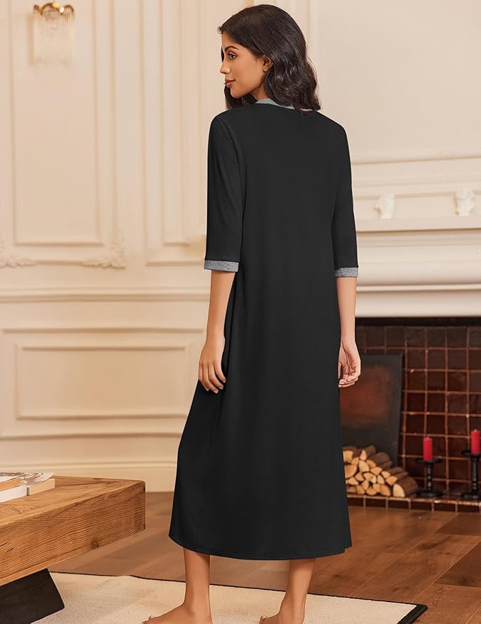 Ekouaer Women's Zipper Robe 3/4 Sleeves Housecoat Full Length Nightgown Soft Loungewear Robe with Pockets S-3XL