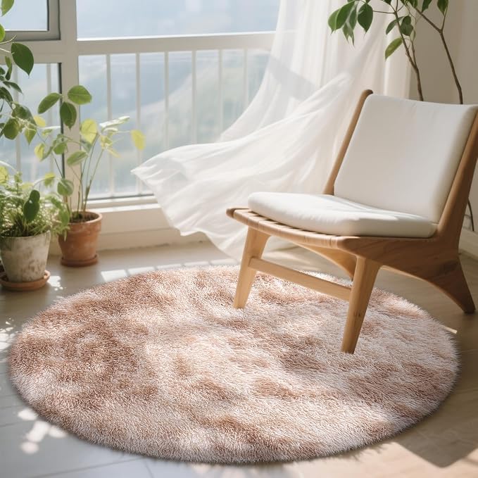 OLANLY Beige Tie-dye Round Rugs for Bedroom - Machine Washable, 4x4 Feet Circle Area Rugs for Living Room, Soft and Fluffy Shaggy Carpet for Girls and Boys, Nursery Rooms, Dorms, Home Decor Aesthetic