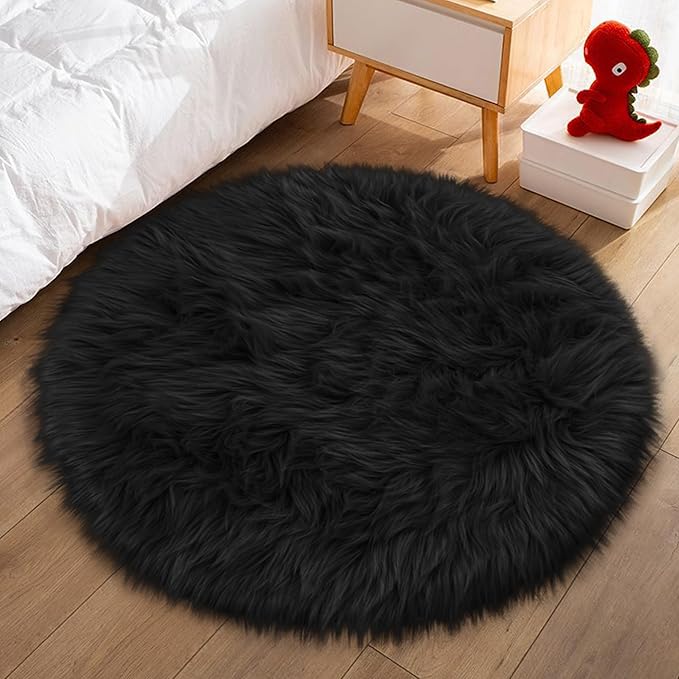 Black Round Rug for Bedroom, Fluffy Circle Rug 3 3 Feet for Kids Room, Furry Carpet for Teen's Room, Shaggy Circular Rug for Nursery Room, Fuzzy Plush Rug for Dorm, Black Carpet