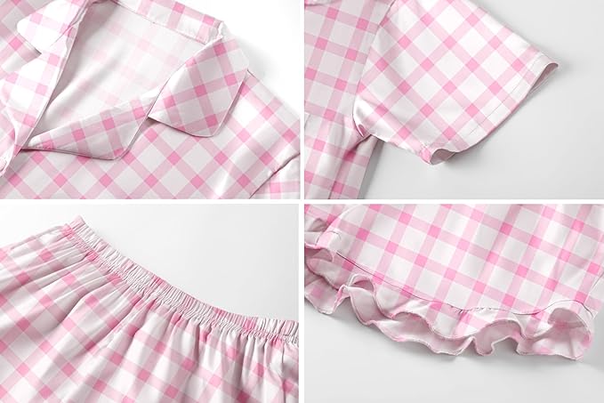Umeyda Girls & Women Satin Pajamas Set Button Down 2 Piece Silk Pjs Shorts Set Ruffle Sleepwear, 5 Years-Women L
