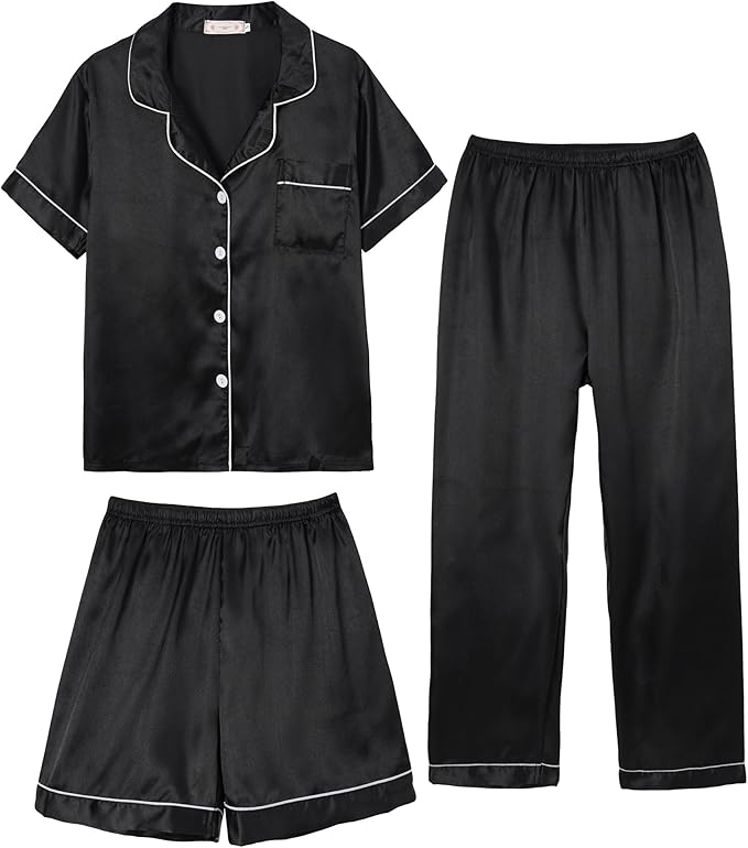 Hupohoi Unisex Girls Boys Kids Pajama Sets Button Down Satin Sleepwear Nighty 3PCS Silky Lounge Sets Nightwear