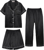 Hupohoi Unisex Girls Boys Kids Pajama Sets Button Down Satin Sleepwear Nighty 3PCS Silky Lounge Sets Nightwear