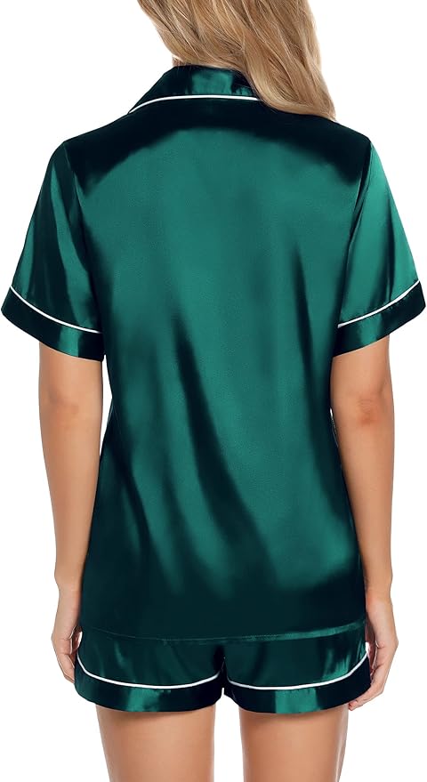 Samring Women's Silk Satin Pajamas Set Short Sleeve Sleepwear Two Piece Button Down Pj Set with Pockets S-XXL