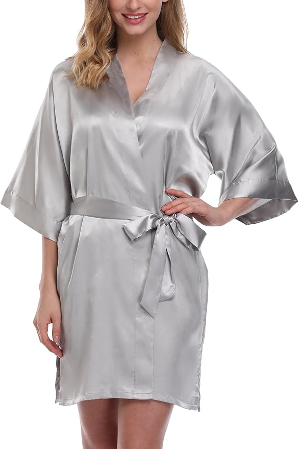 Women's Pure Color Satin Kimono Robe Short Bridesmaids Robe Dressing Gown