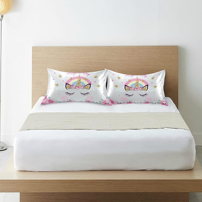 Cute Unicorn Girl Print Satin Pillowcase for Hair and Skin, Unicorn and Pink Flowers Silk Pillow Case with Envelope Closure, Standard Size 20x26 inches, White, 1 PC