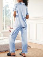 Ekouaer Womens Silky Satin Pajamas Set Short Sleeve Button Down Sleepwear 2 Piece Lounge Set Pj Set