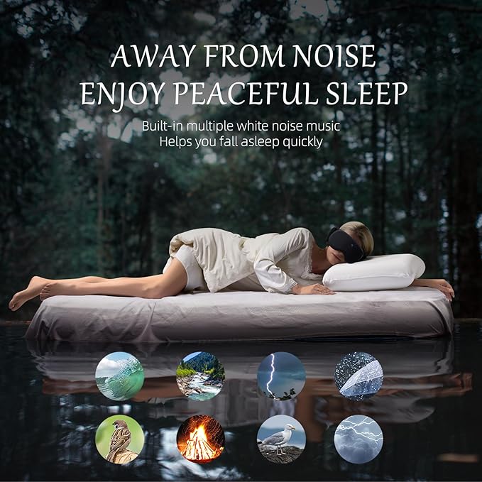 CLOZIA Sleep Mask Wireless Bluetooth, White Noise Bluetooth Sleep Mask with 12 Soothing Sound, Sleep Mask with Bluetooth Headphones for Travel Yoga Office Meditation, Black