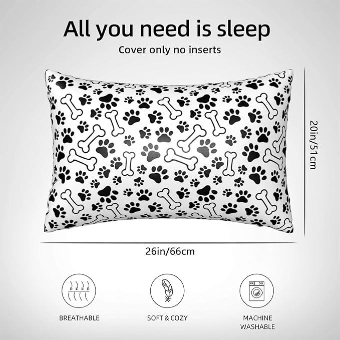 Silk Like Pillowcase for Hair and Skin Black Paw Prints and Bones 1 Pack Satin Pillowcase with Hidden Zipper Soft Breathable Smooth Cooling Pillow Cover Standard Size for Bedroom Sofa 20”x26”