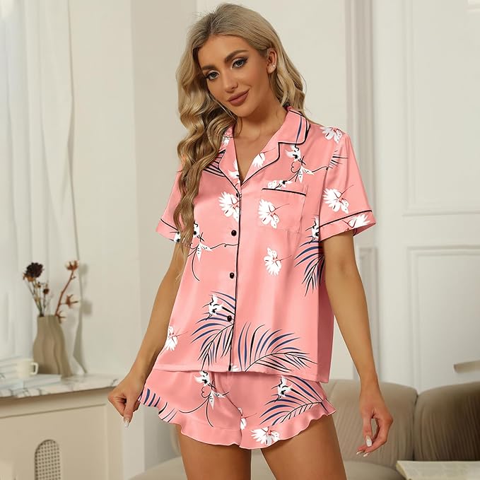SAPJON Satin Silk Pajamas for Women 2Pcs Ruffle Notch Collar Sleepwear Button Down Short Sleeve Shorts Pjs Set Loungewear