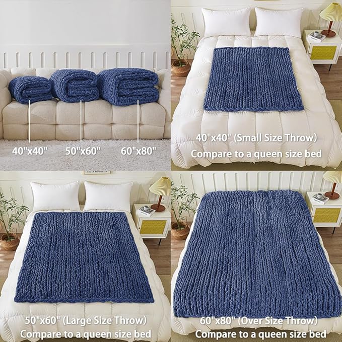WESHIONGOO Chunky Knit Blanket Throw 51"×63" Knitted Throw Blankets for Couch Bed Fluffy Soft Blanket with Jumbo Chenille Yarn Thick 100% Handmade (Navy Blue)