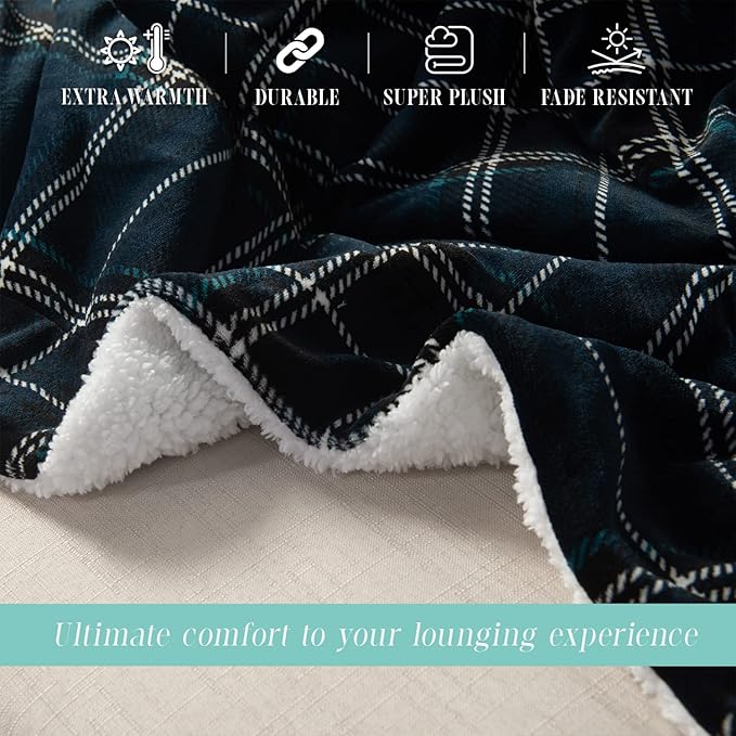 Elegant Comfort Throw Blanket, Reversible Sherpa Flannel, Ultra-Soft, Fuzzy, Cozy and Plush- All Season Lightweight Decorative Throw, 50 x 60 inches, Plaid Design Sherpa Throw, Navy