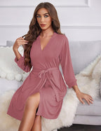 Ekouaer Women‘s Robes Lightweight 3/4 Sleeve Short Knit Bathrobe Soft Knee Length Sleepwear Robes with Pockets S-XXL