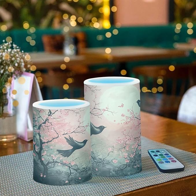 Peach Blossom Moon Bird Flameless Candles Battery Operated Color Changing LED Candles with Remote Control Timer Outdoor Indoor 2 Pack