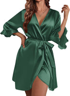 Ekouaer Women's Satin Robe Valentines Lingerie for Women Kimono Bathrobe Short Ruffle Belted Robes Bridesmaids Sleepwear