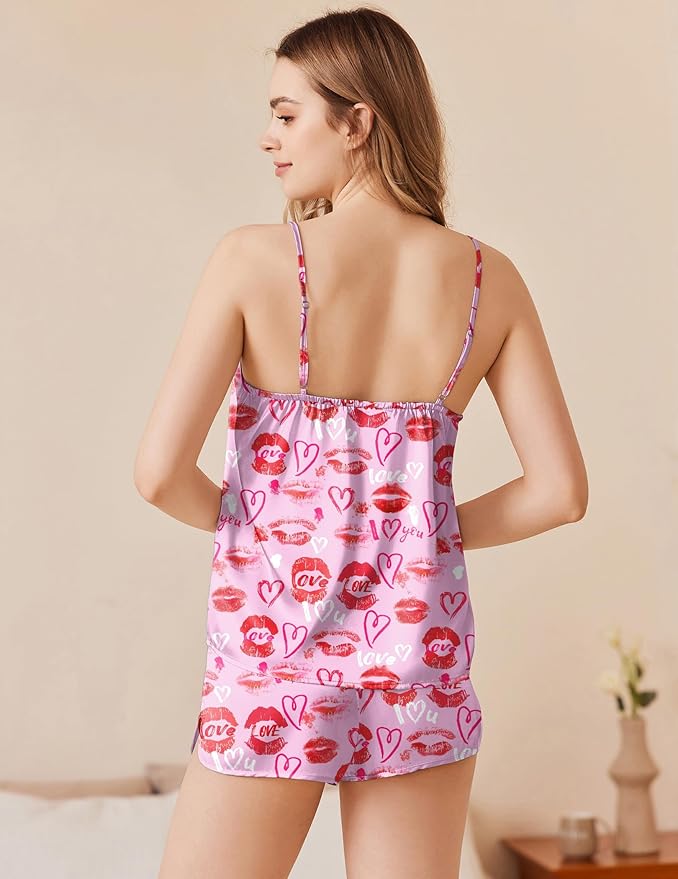 Ekouaer Silk Pajamas Set for Women Satin Camisole Sleepwear Lingerie V-Neck Cami Top and Shorts Pjs