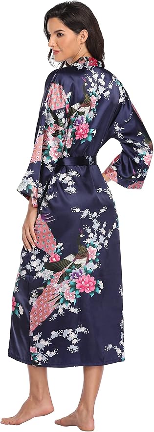 Valennia Women Long Silky Bathrobe Satin Kimono Robe Floral Printed Dressing Gown Sleepwear