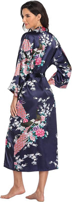 Valennia Women Long Silky Bathrobe Satin Kimono Robe Floral Printed Dressing Gown Sleepwear