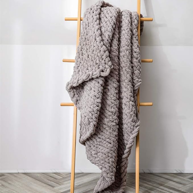 vctops Boho Chenille Chunky Knit Throw Blanket Super Soft Warm Cozy Hand Knit Blankets for Couch Bed Sofa Chair (Camel Grey,51"x63")