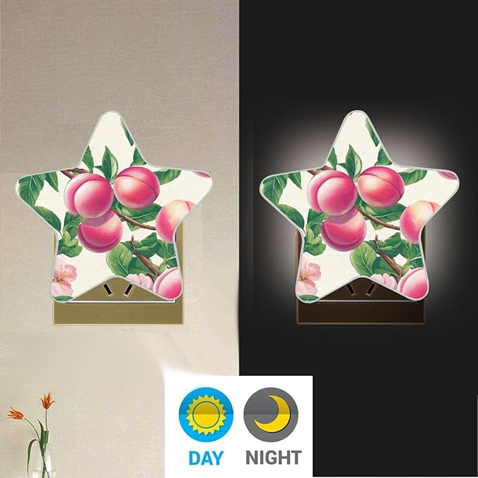 susiyo Plug in Night Light Pink Peaches Green Leaves Cute Star Shape Nightlight for Bedroom Hallway Stairs