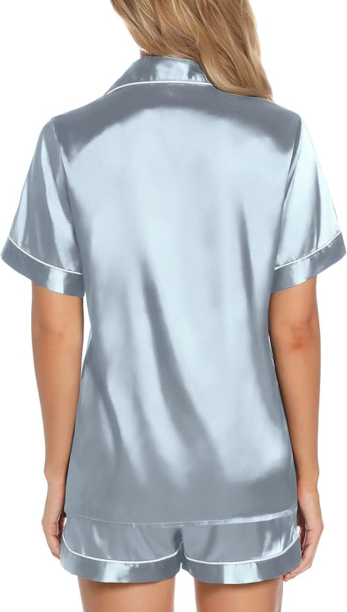 Samring Women's Silk Satin Pajamas Set Short Sleeve Sleepwear Two Piece Button Down Pj Set with Pockets S-XXL