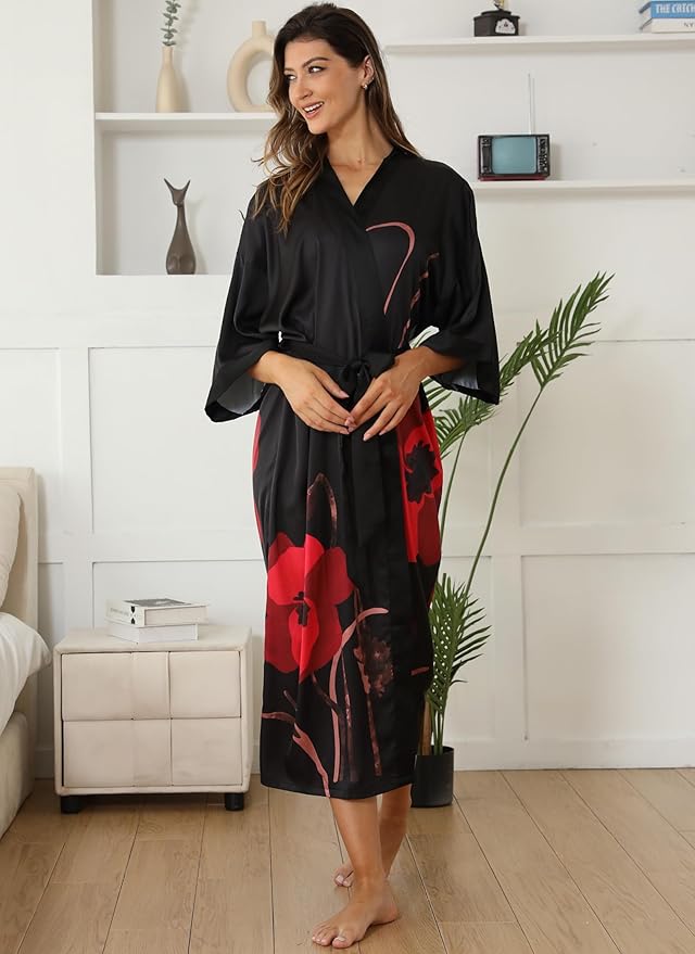 Kihnop Women's Floral Long Kimono Robe Long Satin Robe Long Silk Robe Ladies Kimonos Silky Bathrobe Cover Up, One Size