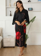 Kihnop Women's Floral Long Kimono Robe Long Satin Robe Long Silk Robe Ladies Kimonos Silky Bathrobe Cover Up, One Size