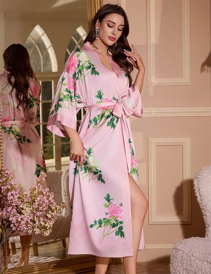 Kihnop Women's Floral Long Kimono Robe Long Satin Robe Long Silk Robe Ladies Kimonos Silky Bathrobe Cover Up, One Size