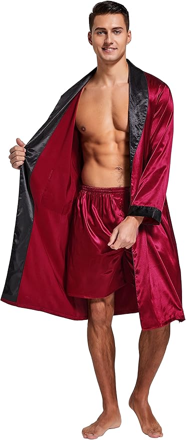 Tony & Candice Men's Satin Robe Lightweight Long Sleeve Silk Kimono Bathrobe with Shorts Set Sleepwear