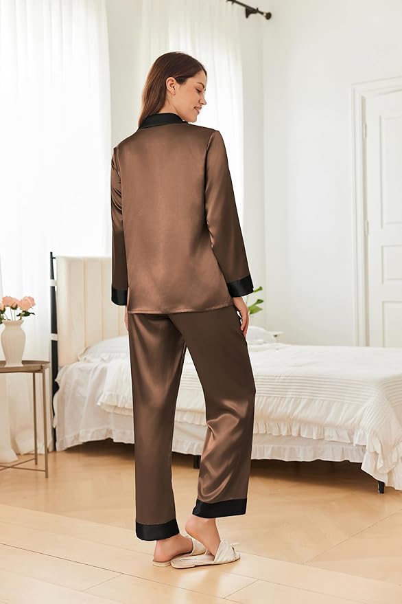 Ekouaer Silk Pajamas for Women Long Sleeve Satin Pajama Set Silky Pj Sets 2 Piece Button Down Loungewear Sleepwear