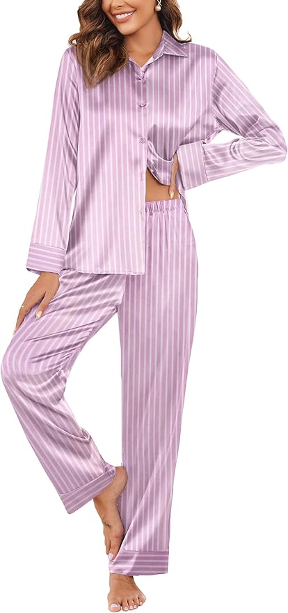 Ekouaer Women Satin Silk Pajamas Classic Long Sleeve Button Down Pjs Set Soft Loungewear