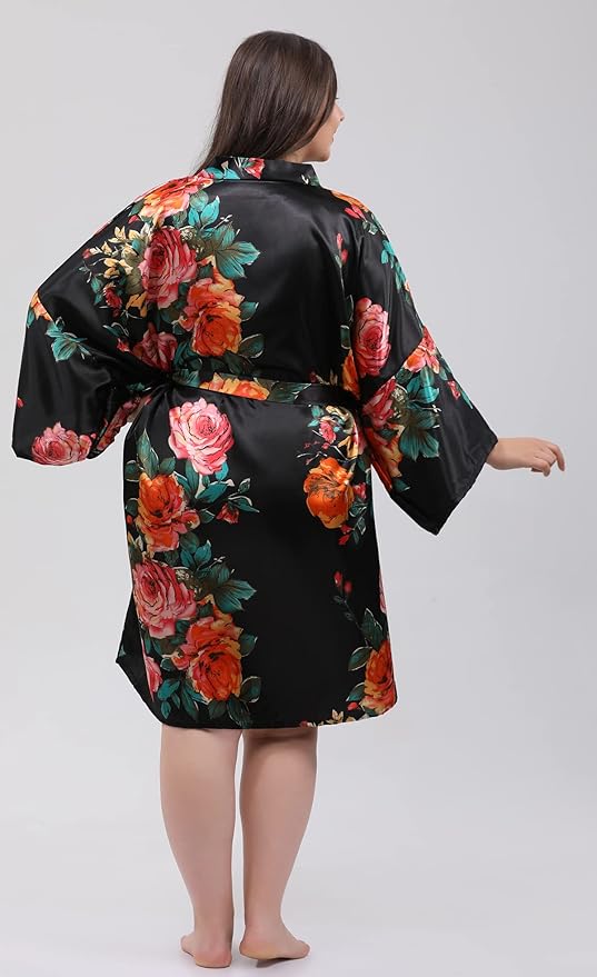 QXQTER Peony Floral Silky Satin Robe Wedding Bridal Party Bride Bridesmaid Robes for Women Dressing Gown Kimono Robe