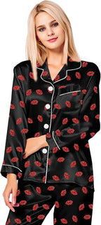 SWOMOG Womens Silk Satin Pajamas Set Long Sleeve Button Down Sleepwear 2 Piece Lounge Set Pj Set XS-3XL