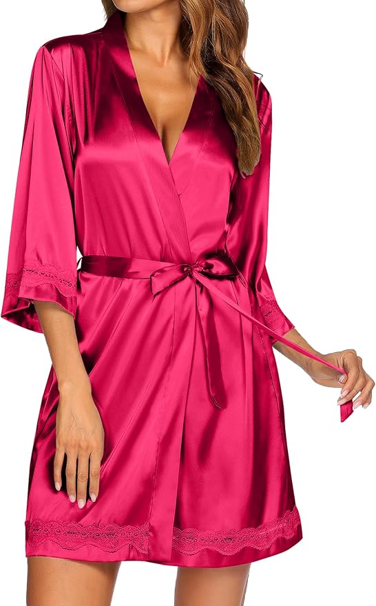 Ekouaer Women's Lace-Trim Silk Robes Bride Bridesmaid Kimono Satin Bathrobe V Neck Sleepwear with 3/4 Sleeve