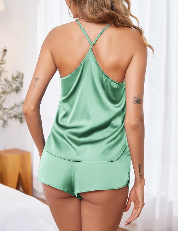 Ekouaer Silk Pajamas Set for Women Satin Lingerie Pjs Cami Top and Shorts Soft 2 Piece Nightwear