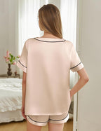Silk Pajamas for Women Short Sleeve Satin 2 Piece Pj Set Soft V Neck Sleepwear Loungewear, S-XXL