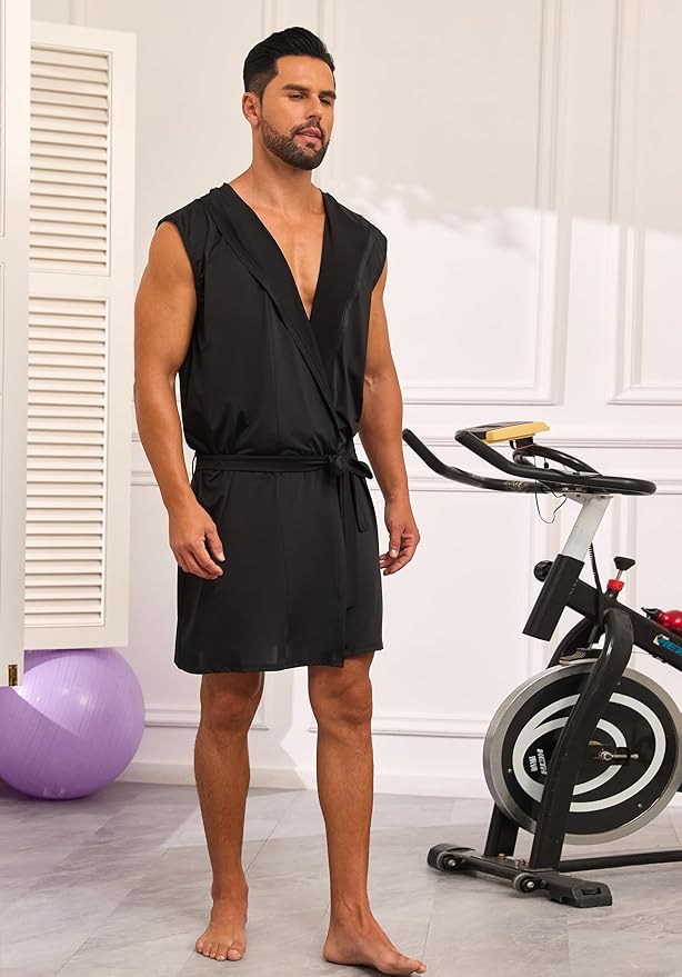 VintageClothing Men's Summer Robe with Hooded Lightweight Bathrobe House Kimono Sleeveless Sexy Sleepwear Pajamas