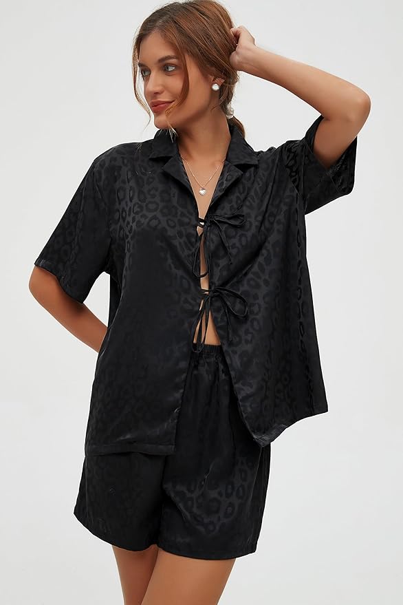 CHYRII Women's Silk Satin Pajamas Sets Tie Front Short Sleeve Tops and Shorts Two Piece Pj Sets Sleepwear
