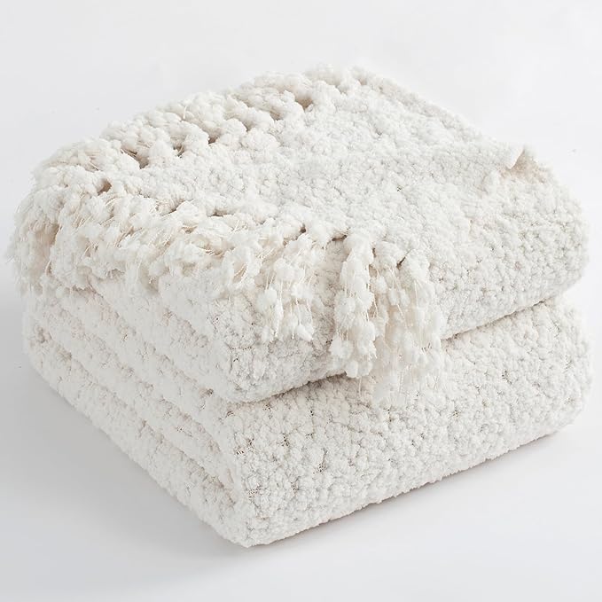 Throw Blanket for Couch, White Luxury Knitted Throws 50"x60", Textured Blankets with Handmade Fringe Tassels for Bed Sofa Decorative, Chunky Soft Farmhouse Boho Home Decor