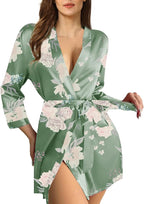 WJing Yi Jia Womens Satin Kimono Robe Silky Robes Floral Bathrobe Bride Bridesmaid Wedding Bridal Dressing Gown Loungewear