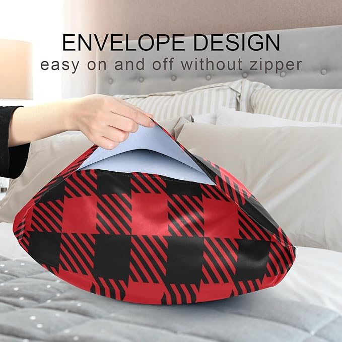 Christmas and New Year Buffalo Plaid Satin Pillowcase for Hair and Skin, Red and Black Buffalo Check Plaid Silk Pillow Case with Envelope Closure, King Size 20x40 inches, 1 PC