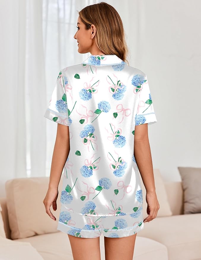 Ekouaer Womens Satin Silk Pajamas Set Short Sleeve Sleepwear Button Down Top and Shorts Loungewear 2 Piece Pjs Set S-XXL