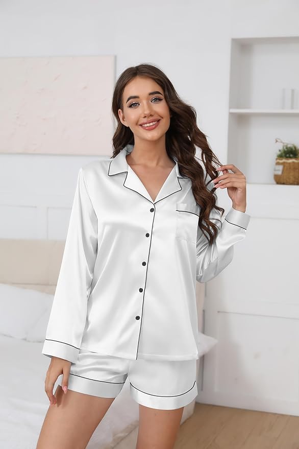 Ekouaer Satin Pajama Set for Women Button Down Pj Set Long Sleeve Top and Shorts 2 Piece Loungewear Summer Soft Sleepwear