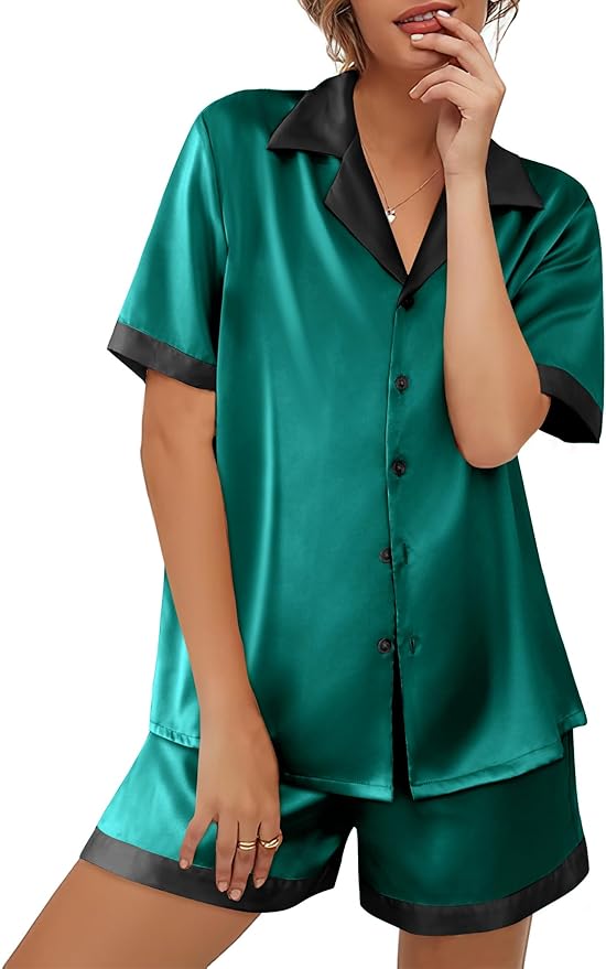 Ekouaer Womens Silk Satin Pajama Set Short Sleeve PJs 2 Piece Button Down Top and Shorts Notch Collar Sleepwear Sets Soft Pjs